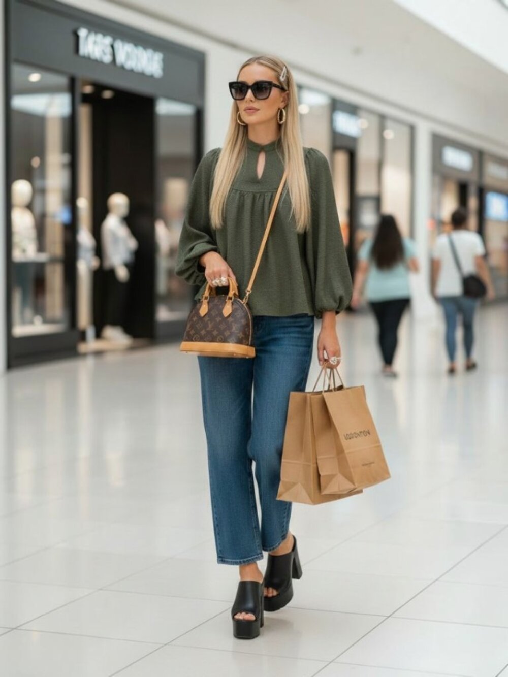 Umgee Olive Green Textured V-Neck Peasant Blouse Size L